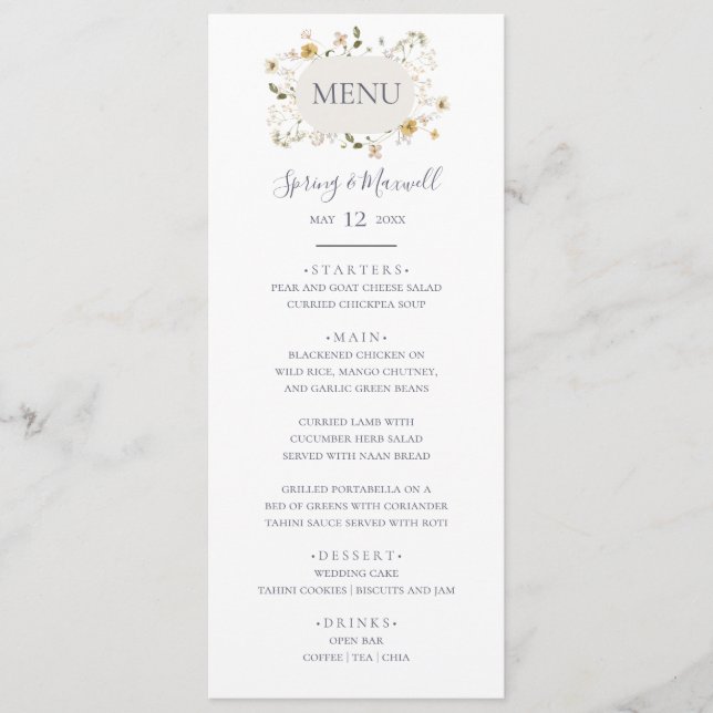 FrühlingsWildblume | White Wedding Dinner Menu Menükarte (Vorderseite)
