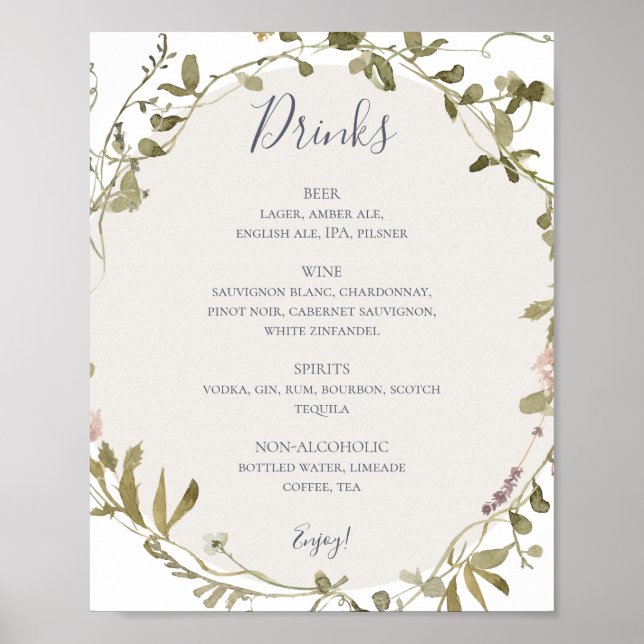FrühlingsWildblume | White Wedding Drinks Menu Pos Poster (Vorne)