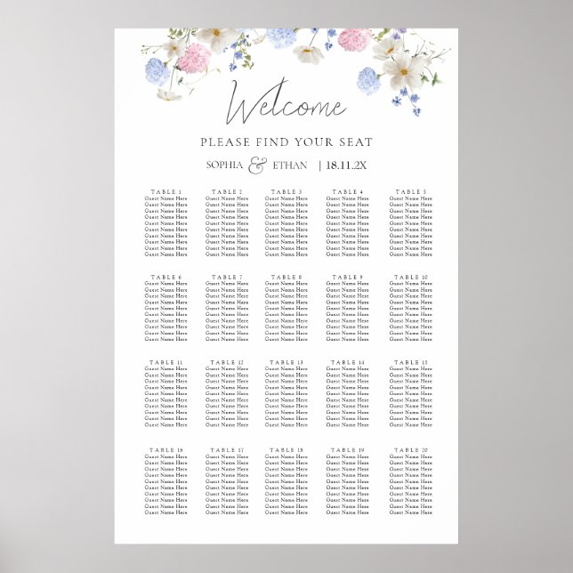Frühlingswildblumen Lila Hochzeits-Sitzplan Poster (Vorne)