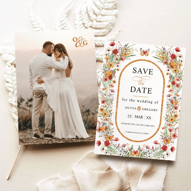 FrühlingsWildblumen Schmetterlinge Foto Save the D Save The Date (Boho Spring Watercolor Wildflowers Butterflies Monogram photo save the date invitation)
