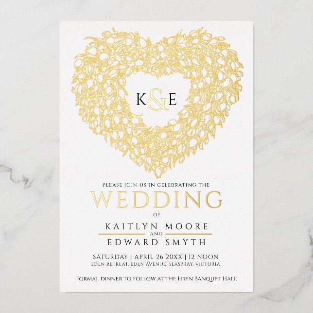 Frühlingtulips zeichnend Herz Hochzeit Gold schwar Folieneinladung (Vorderseite)