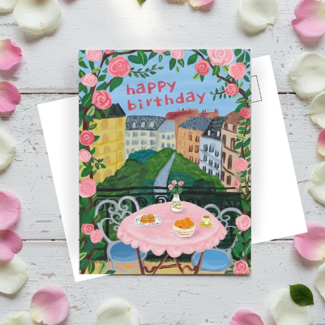 FRÜHSTAG Blume Terrasse Tea Time Paris Postkarte (HAPPY BIRTHDAY Flowers Terrace Tea Time Paris Postcard
)