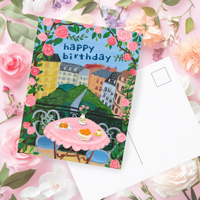 FRÜHSTAG Blume Terrasse Tea Time Paris Postkarte (HAPPY BIRTHDAY Flowers Terrace Tea Time Paris Postcard
)