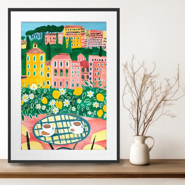 Frühstück auf der Terrasse Malerische Kunst in der Poster (Breakfast on Terrace Europe Whimsical Cityscape Gouache Painting Wall Art Poster
)