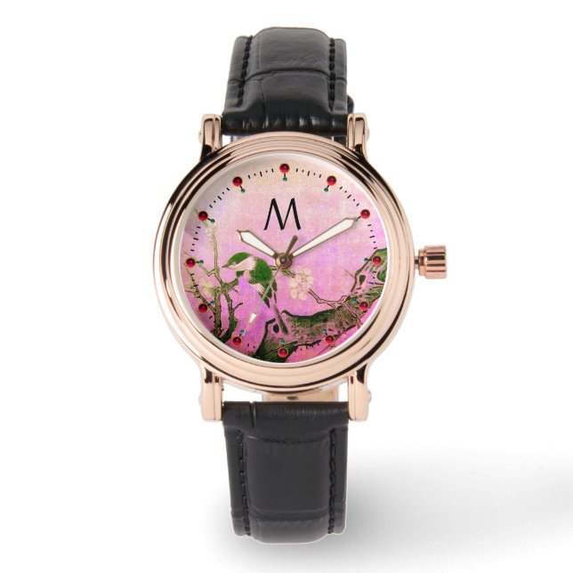 FRÜHSTÜCK, BLUME-BAUM, Schwarz-Rosa-Monogramm Armbanduhr (Vorderseite)
