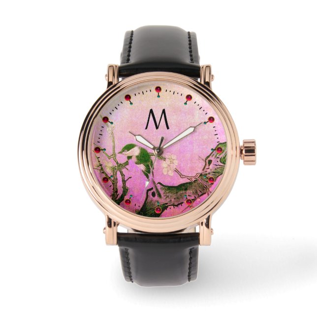 FRÜHSTÜCK, BLUME-BAUM, Schwarz-Rosa-Monogramm Armbanduhr (Vorderseite)