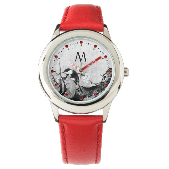 FRÜHSTÜCK, BLUME, BAUM Schwarz-weiß Armbanduhr (Vorderseite)