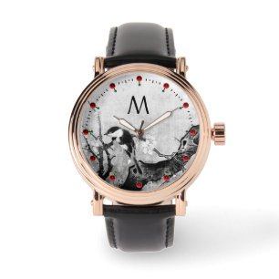 FRÜHSTÜCK, BLUME, BAUM Schwarz-weiß Armbanduhr
