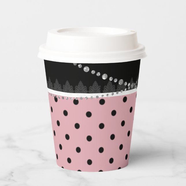 Frühstück & Brunch Pink & Black Polka Damask Pappbecher (Vorderseite)