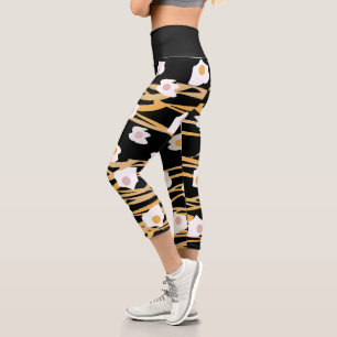 Frühstück Eier Essen Abstraktes Muster Gelb Schwar Capri Leggings