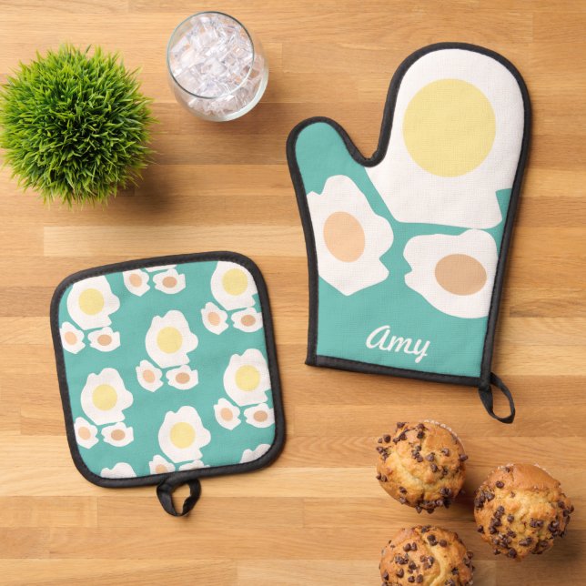Frühstück Eier Koch Küche Ofenhandschuh & Topflappen-Set (Oben Unten)