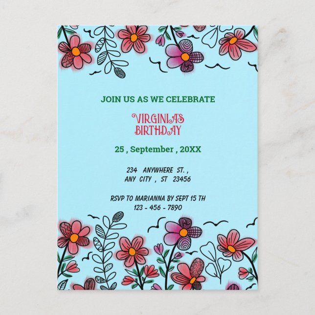 FRÜHSTÜCK EINZIGARTIGE ROTE DOODLE BLUME GEBURTSTA EINLADUNGSPOSTKARTE (Vorderseite)