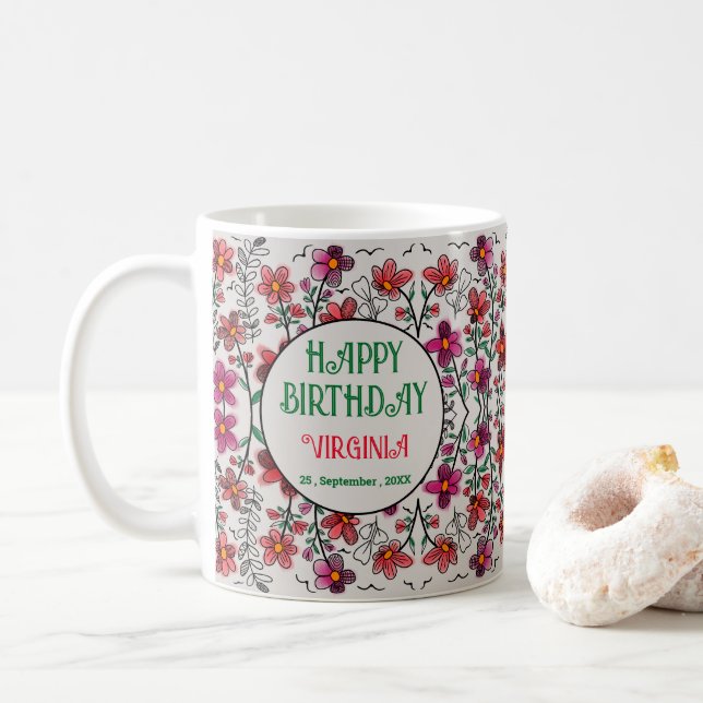 FRÜHSTÜCK EINZIGARTIGE ROTE DOODLE BLUME GEBURTSTA KAFFEETASSE (Mit Donut)