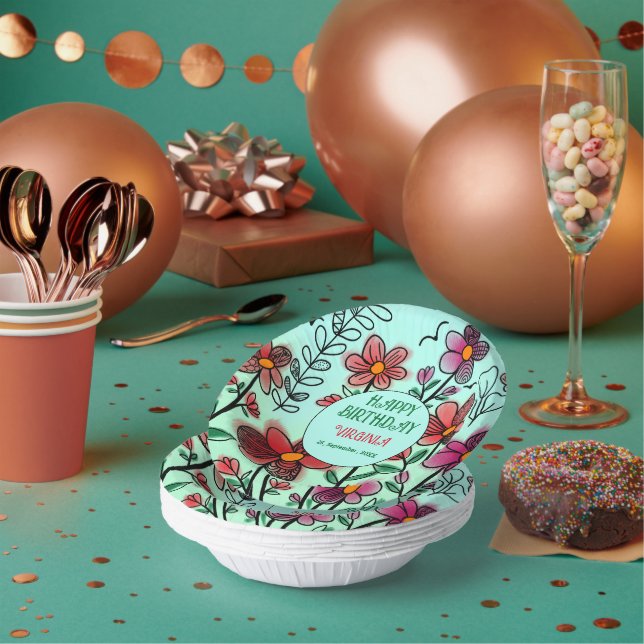 FRÜHSTÜCK EINZIGARTIGE ROTE DOODLE BLUME GEBURTSTA PAPPTELLER (Multi)