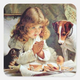 Frühstück im Bett: Mädchen, Terrier und Kätzchen Quadratischer Aufkleber
