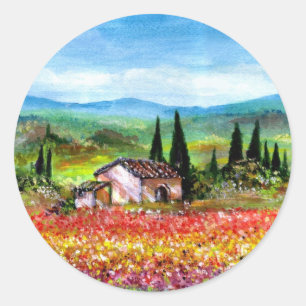 FRÜHSTÜCK IN DER TUSKANISCHEN / FARBFELDER BLUME,  RUNDER AUFKLEBER