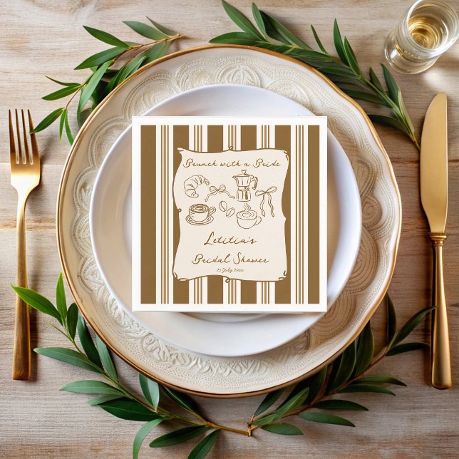 Frühstück mit der Braut Retro-Kaffee-Junggesellinn Serviette (Brunch with bride vintage retro  brown stripes hand drawn coffee bridal shower personalized napkins)