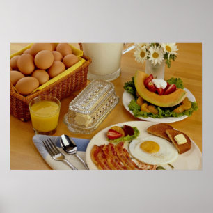 Frühstück mit Speck, Eiern und Krug aus Milch Poster