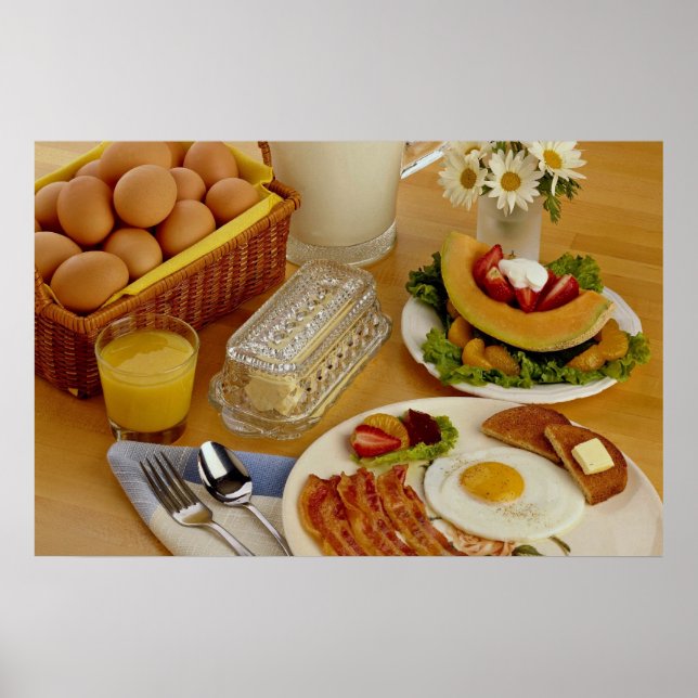 Frühstück mit Speck, Eiern und Krug aus Milch Poster (Vorne)
