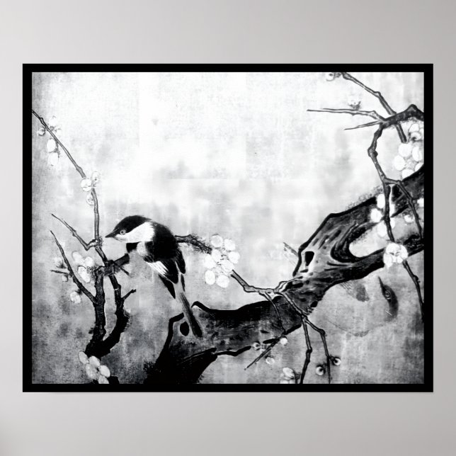 FRÜHSTÜCK UND BLUME BAUM Schwarz-weiß grau Poster (Vorne)