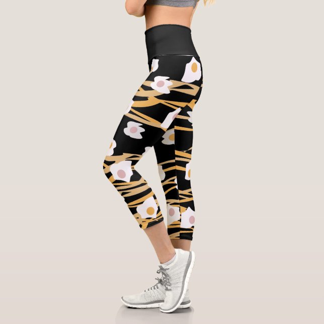 Frühstücksbüffet Abstraktes Muster Gelb Schwarz Capri Leggings (Links)