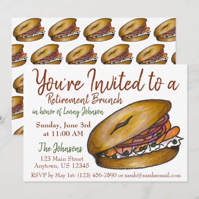 Frühstücksbuffet Brunch Bagel Lox Capers Zwiebel Einladung (Vorne/Hinten)