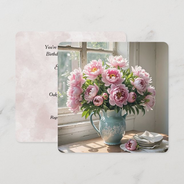 Frühstücksbuffet Brunch Peony Bouquet Einladung (Vorne/Hinten)