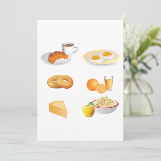 Frühstücksnahrung Kaffee, Croissant, Eier, Bagels Einladung (Stehend Vorderseite)