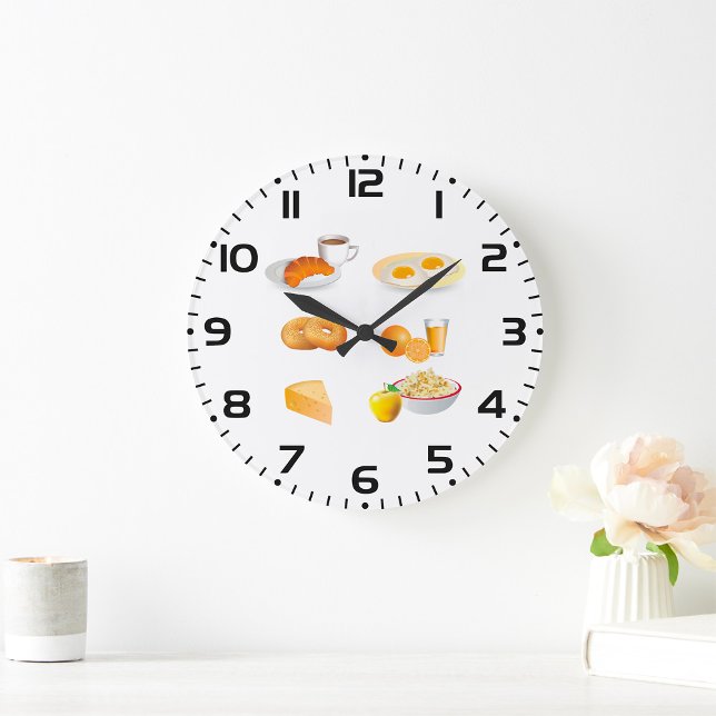 Frühstücksnahrung Kaffee, Croissant, Eier, Bagels Große Wanduhr (Von Creator hochgeladen)