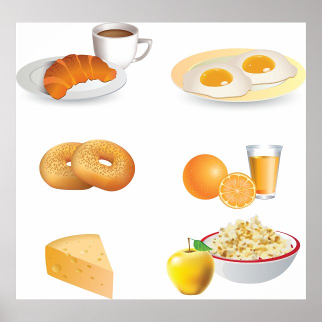 Frühstücksnahrung Kaffee, Croissant, Eier, Bagels Poster (Vorne)