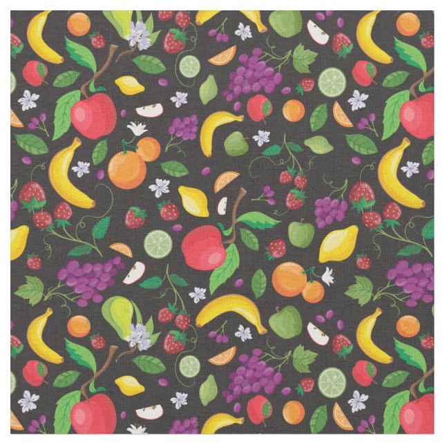 Fruitopia Print, Frische Früchte auf schwarzem Bod Stoff (Nahaufnahme)