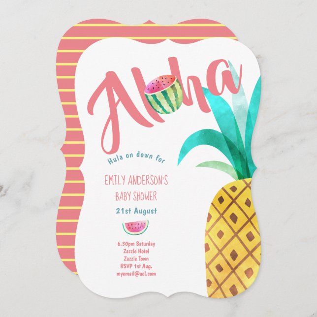 Fruity Tropical Baby Dusche Einladung Ananas ALOHA (Vorne/Hinten)