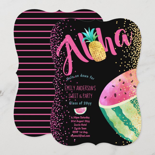 Fruity Tropical Sweet 16 Invites Melon ALOHA Einladung (Vorne/Hinten)