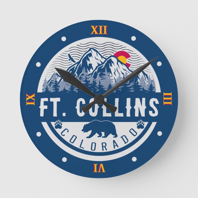 Ft Collins Colorado Flag Berg römische Zahlen Runde Wanduhr (Vorderseite)