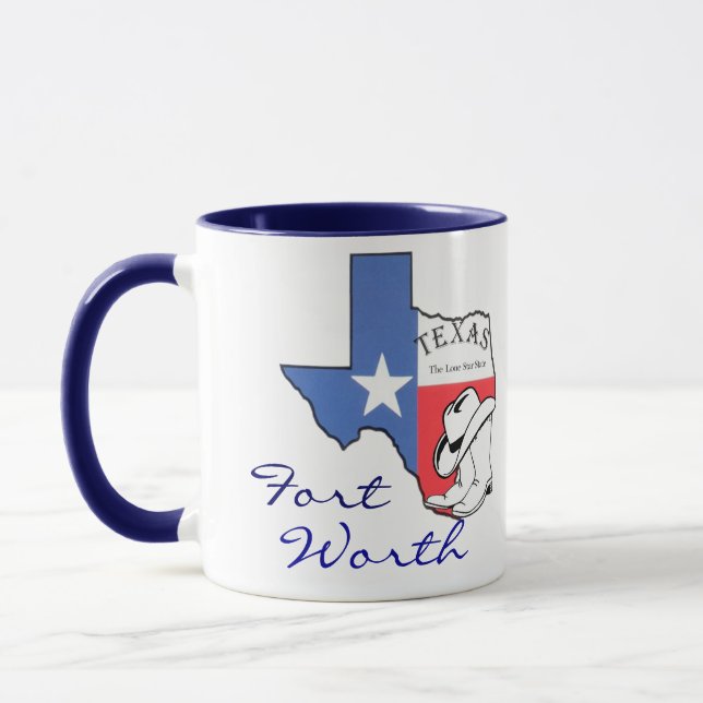 Ft Worth Texas Staat Map mit Star, Boots, Hat-Tass Tasse (Links)