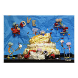 Fubby feest met taart en bruidspaar. poster