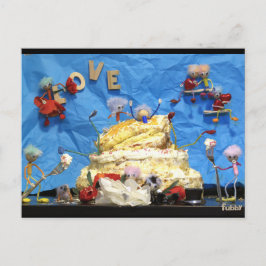 Fubby feest met taart en bruidspaar. postkarte