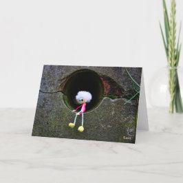 Fubby poppetje dat in een muur zit. dankeskarte