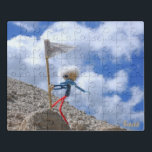 Fubby poppetje die naar de top gaat. puzzle<br><div class="desc">Fubby poppetje die een witte vlag plant omdat hij aan het klimmen is naar de top van de berg. Lijkt ook op de maanlanding. In ieder geval word er een markering gemaakt van een belangrijk punt, hoogte punt in een wandeltocht. De Fubby is ontstaan in mijn hoofd. Als hersenspinsel ontstond...</div>