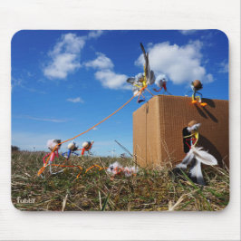 Fubby's die spelen met veren en vliegen. mousepad