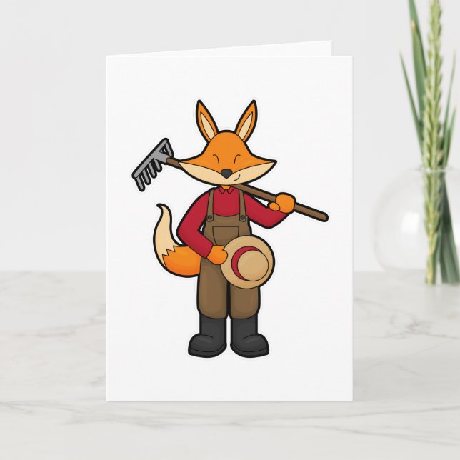 Fuchs als Bauer mit Rechen und Hut Karte (Vorderseite)