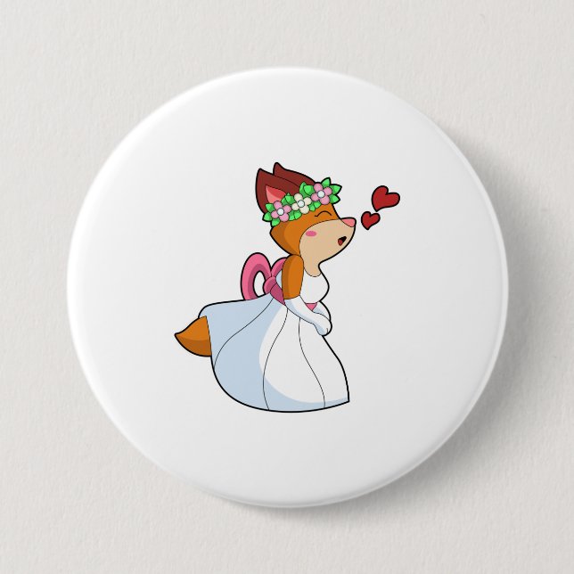 Fuchs als Braut mit Hochzeitskleid und Blumenkranz Button (Vorderseite)