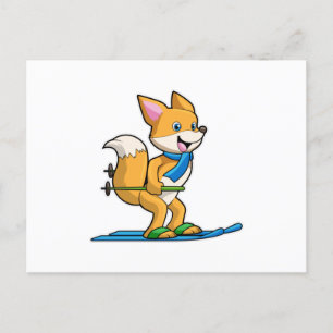Fuchs als Skifahrer mit Skiern und Skistöcken Postkarte