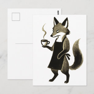 Fuchs-Barista – Minimalistische Tintenpinsel-Kaffe Postkarte