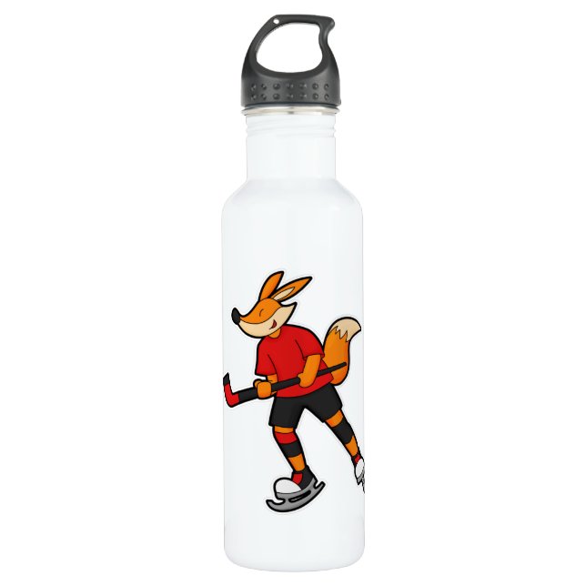 Fuchs beim Eishockey mit Eishockeyschläger Edelstahlflasche (Vorderseite)