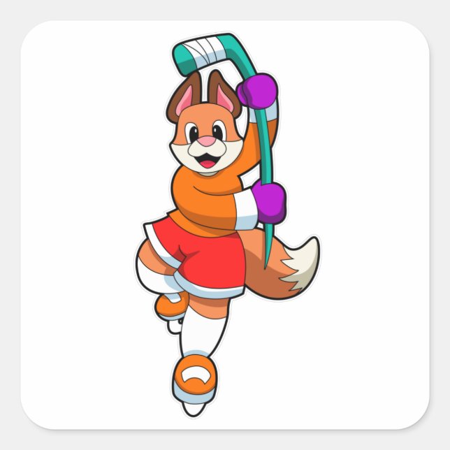 Fuchs beim Eishockey mit Eishockeyschläger Quadratischer Aufkleber (Vorderseite)