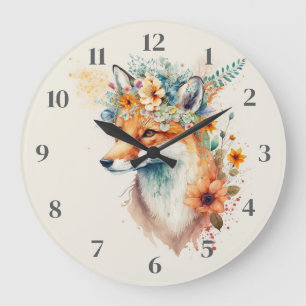 Fuchs-Blumen-Krone-Wasserfarbe Große Wanduhr