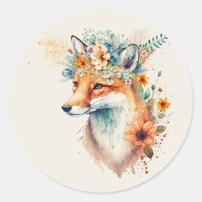 Fuchs Blumenkrone Wasserfarbe         Runder Aufkleber (Vorderseite)