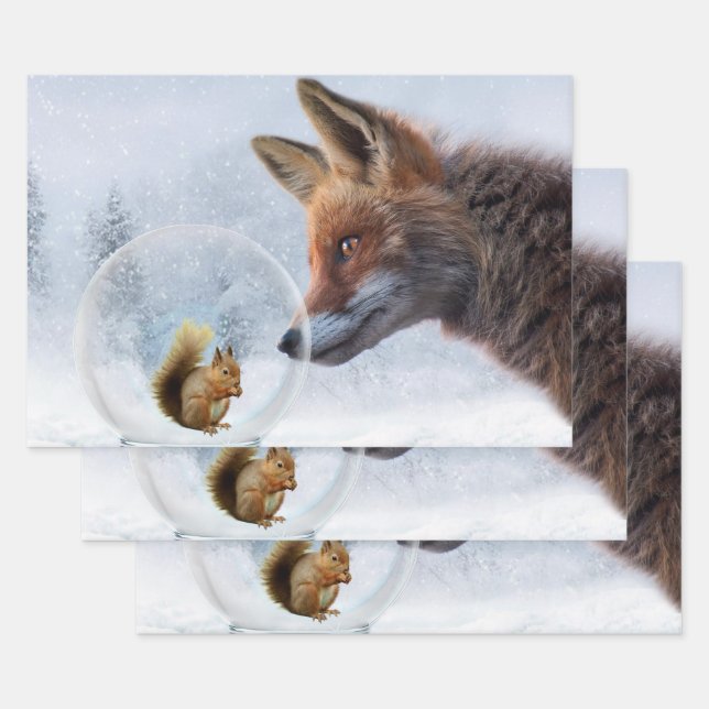 Fuchs Eichhörnchen Winter Schneekugel Geschenkpapier Set (Set)