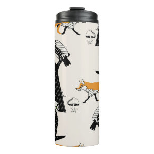 Fuchs, Eule, Baum, nahtloses Vintage-Muster. Thermosbecher
